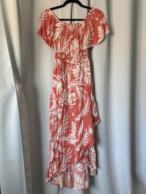 Lira Strapless Off The Shoulder Ruffle Wrap Dress Coral Pink Floral Small Maxi